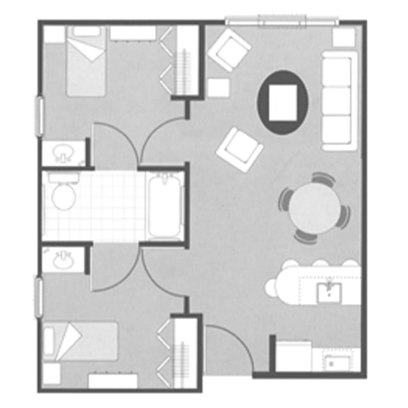 A floor plan of a two-bedroom apartment with a living room, kitchen, and bathroom.