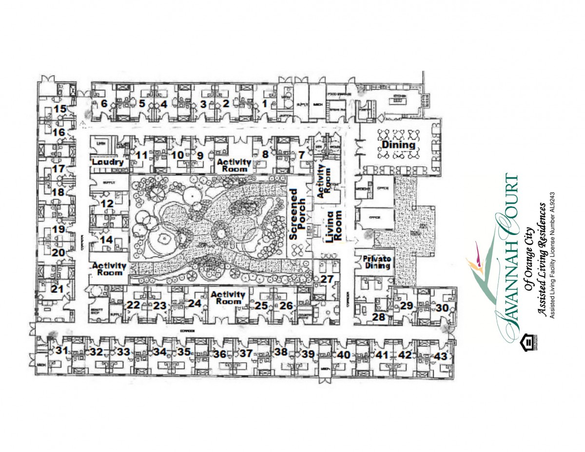 Detailed architectural floor plan featuring room layouts and a central courtyard.