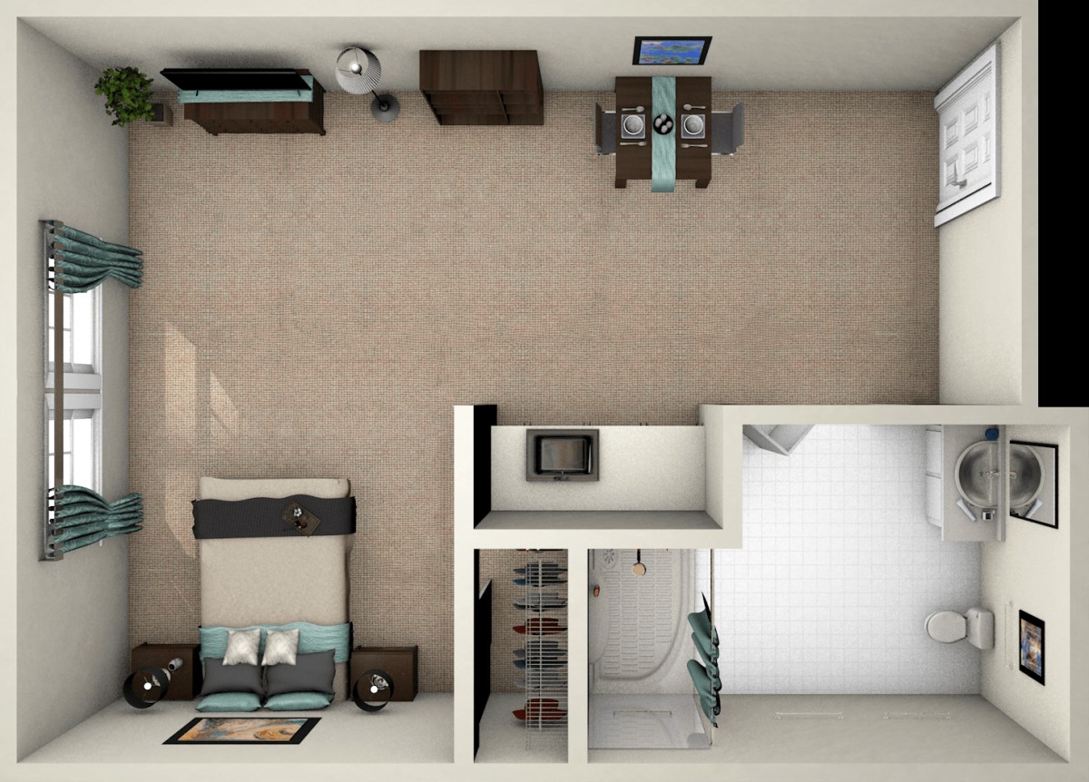 Minimalist apartment floor plan showcasing a compact yet functional furniture arrangement.