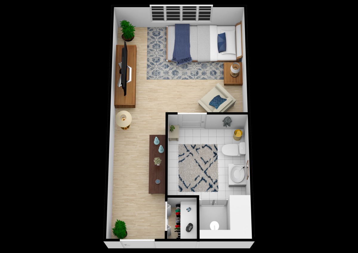 A studio apartment floor plan showcasing a compact and efficient layout with a combined living and sleeping area, and separate bathroom.