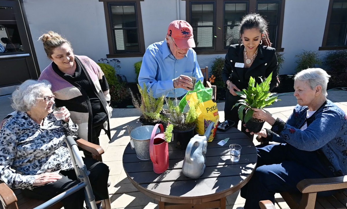 A group of people enjoying gardening together outdoors on a sunny day.