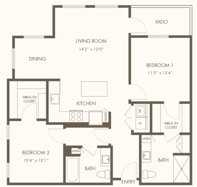 A floor plan of a two-bedroom apartment featuring a kitchen, dining area, living room, and two bathrooms.