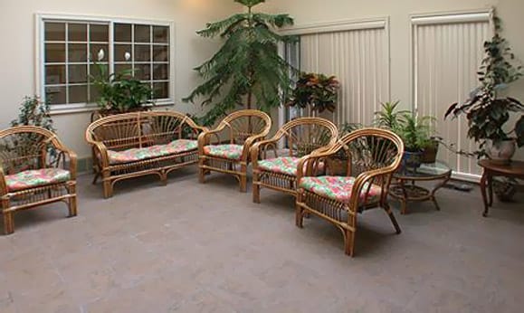 A cozy seating area featuring rattan furniture and indoor plants.
