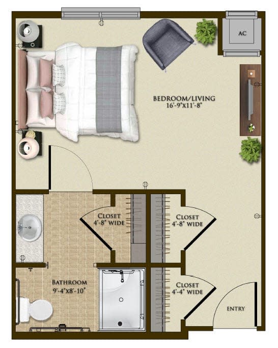 A detailed floor plan of a one-bedroom apartment featuring a bedroom, bathroom, and multiple closets.