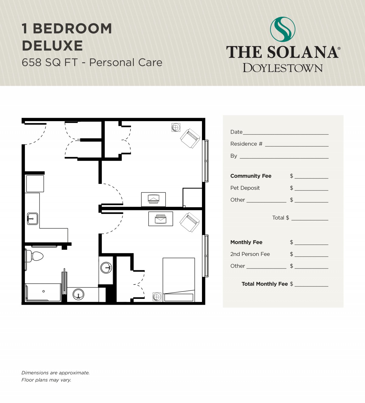 Floor plan of a 1 bedroom deluxe apartment at The Solana Doylestown.