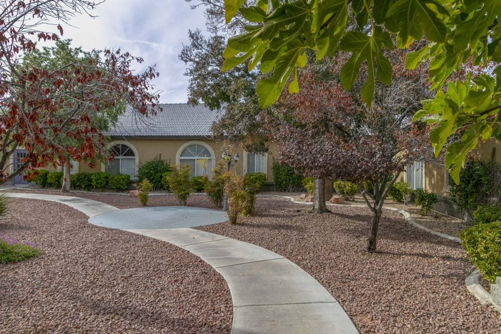 A suburban house with a curved pathway leading through a landscaped front yard.