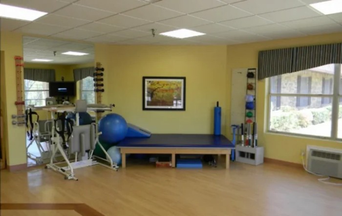 A physical therapy room equipped with various fitness tools and a treatment table.