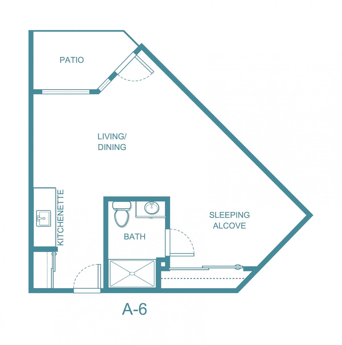 A blueprint of an apartment layout featuring a living area, sleeping alcove, kitchen, bath, and patio.