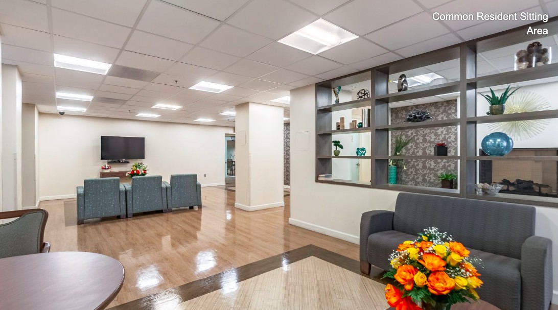 A modern lobby with comfortable seating and decorative elements.
