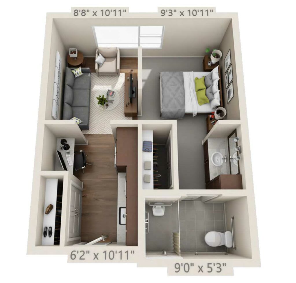 A 3D floor plan of a one-bedroom apartment, showcasing the layout of the living room, kitchen, bathroom, and bedroom.