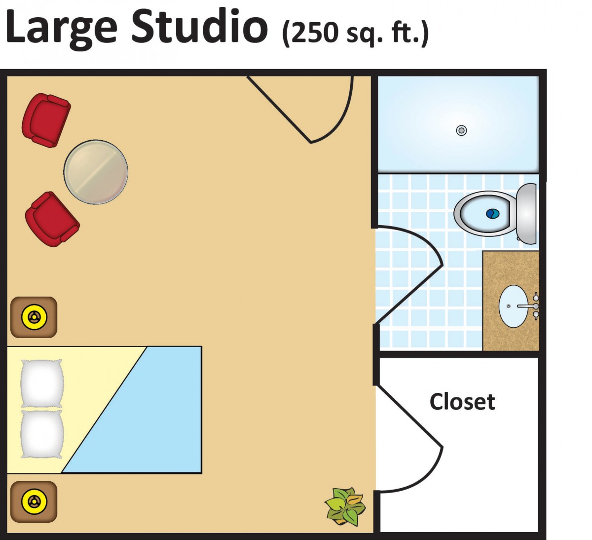 Floor plan of a large studio apartment measuring 250 square feet, featuring a bed, seating area, bathroom, and closet.
