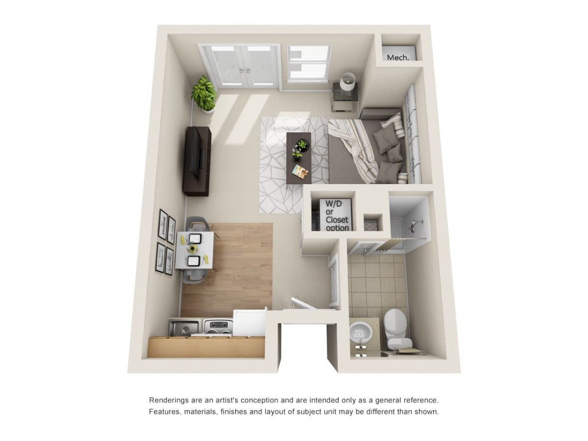 3D floor plan of a compact studio apartment with an open living area and bathroom.