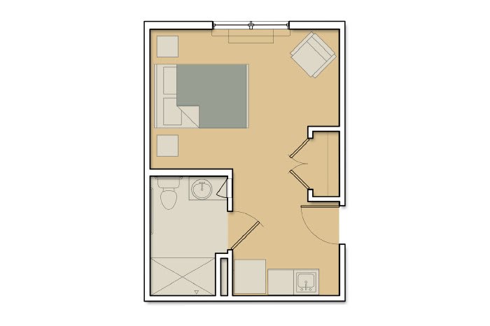 A simple one-bedroom apartment floor plan with living area and kitchen.