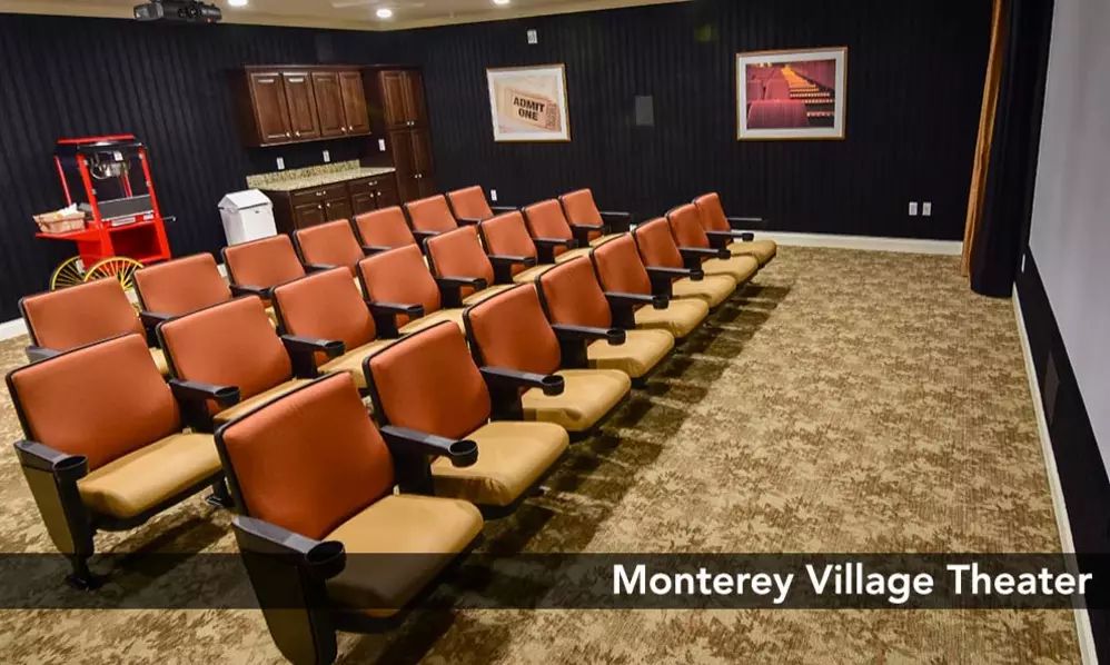 A cozy indoor theater room with rows of orange and beige seating.