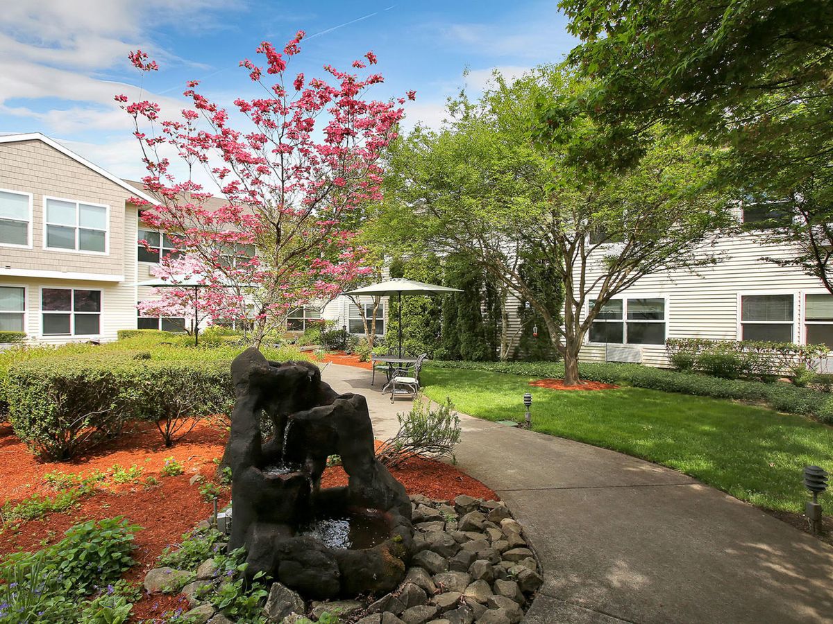 A beautifully landscaped garden with a stone fountain and meandering pathway on a sunny day.