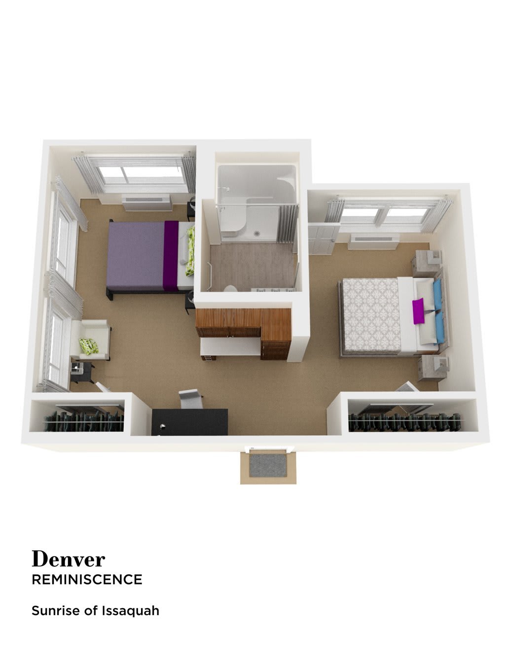 3D floor plan of a two-bedroom apartment.