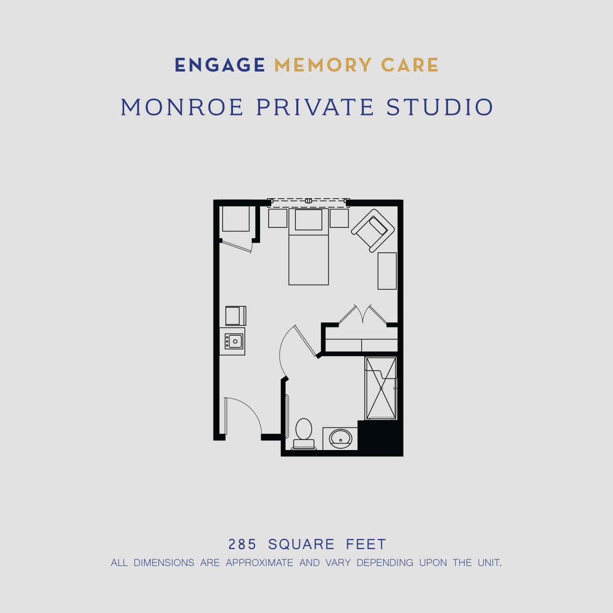 Floor plan for Monroe Private Studio in Engage Memory Care facility.