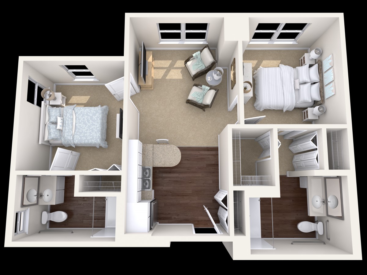 3D floor plan of a two-bedroom apartment layout.