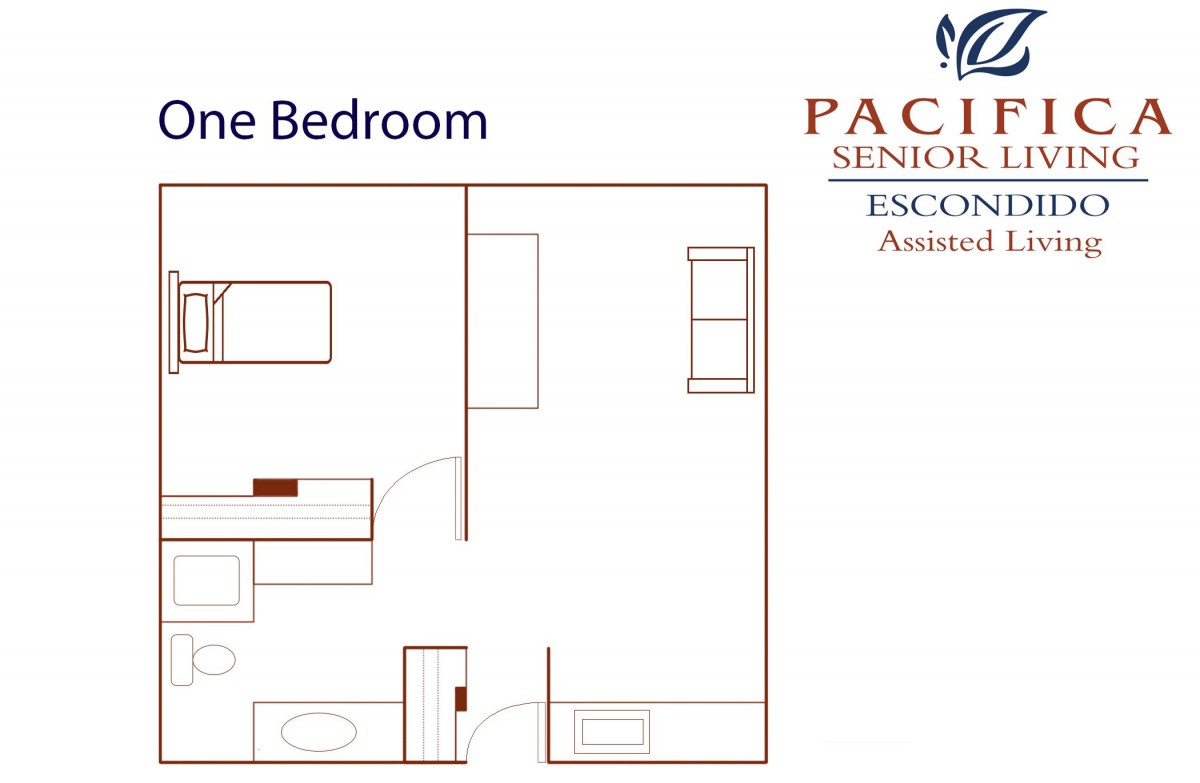 A floor plan of a one-bedroom senior living apartment by Pacifica Senior Living Escondido.