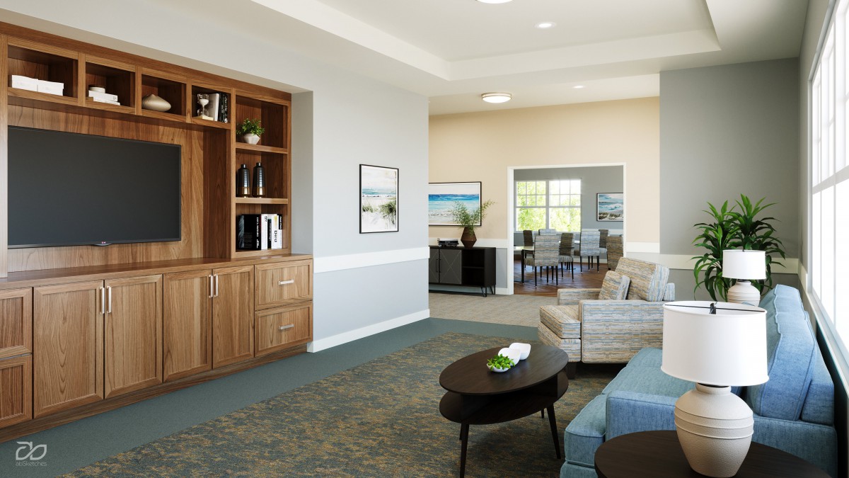 A modern living room with comfortable sofas, a wooden bookshelf, and a view into the dining area.