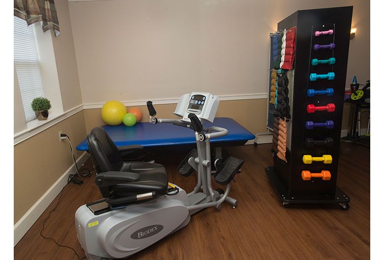 A compact home gym setup with a stationary bike, a rack of colorful dumbbells, and exercise balls.