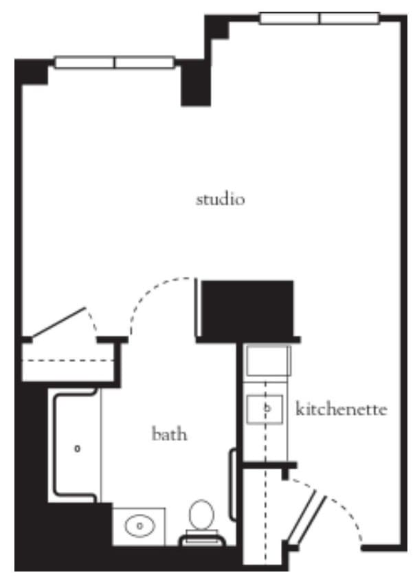 Floor plan of a studio apartment with a kitchenette and bath area.