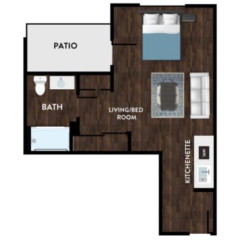 A floor plan of a one-bedroom apartment featuring a living room, kitchen, bathroom, and patio.