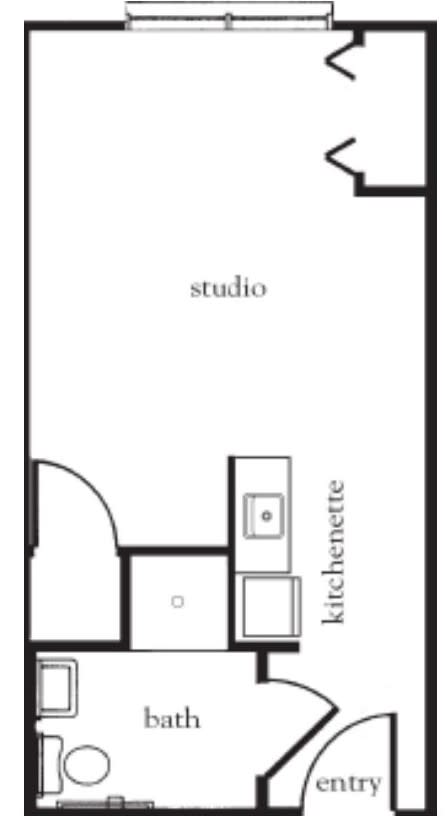 A floor plan of a studio apartment with a kitchenette.
