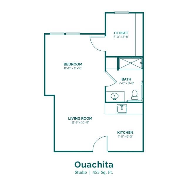 Floor plan of the Ouachita model, featuring a one-bedroom apartment layout.