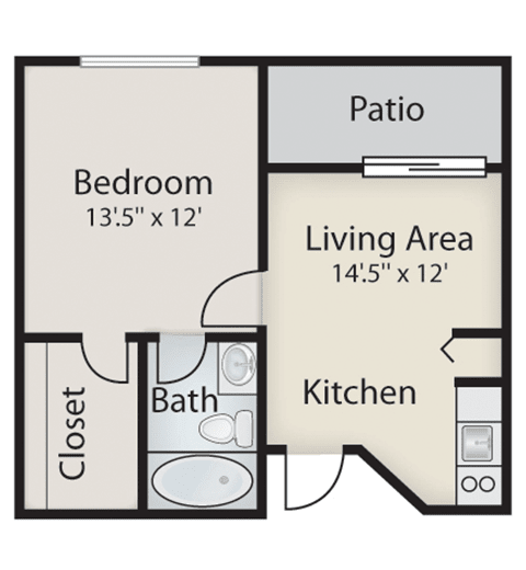 A floor plan of a one-bedroom apartment featuring a living area, kitchen, bedroom, bathroom, closet, and patio.