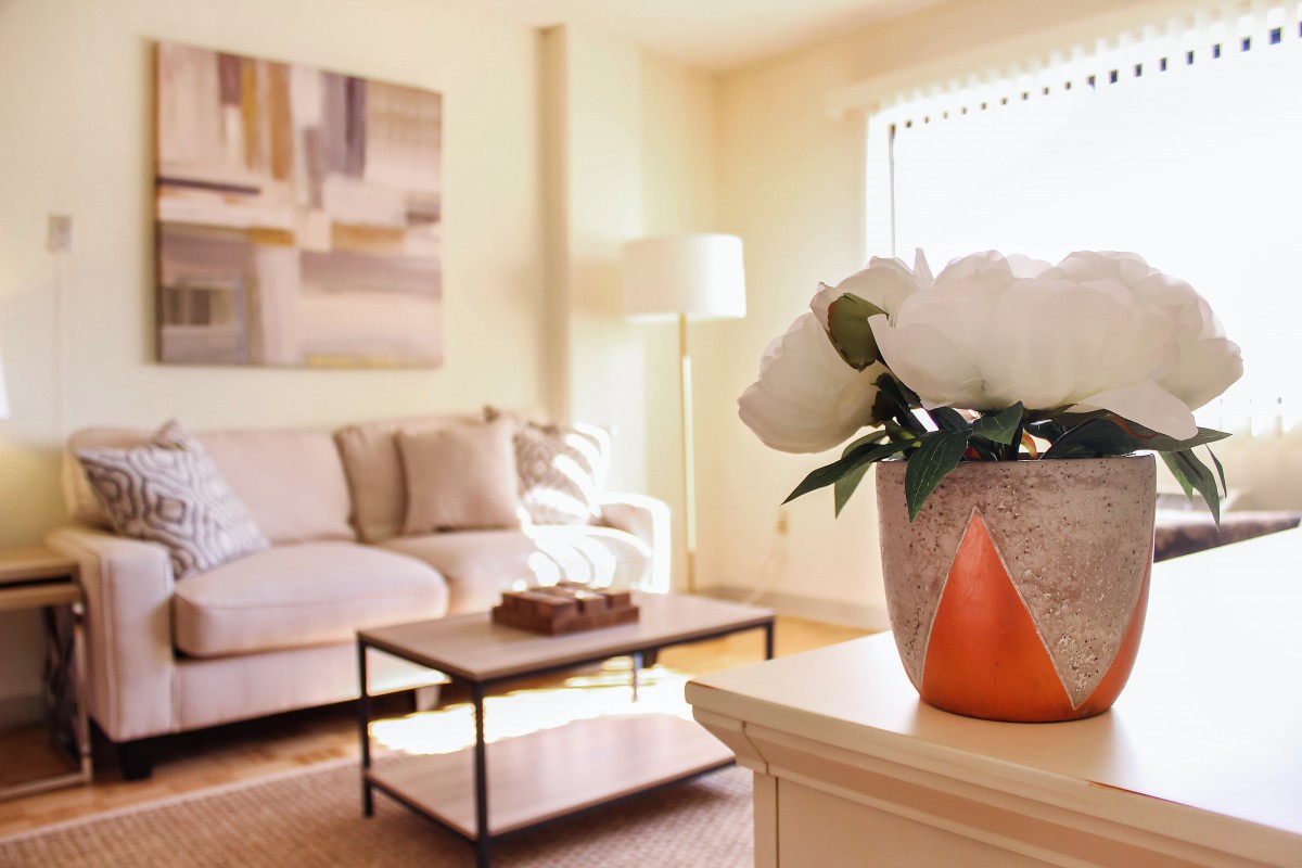 A cozy living room with a comfortable sofa, a coffee table, and a vase of flowers.