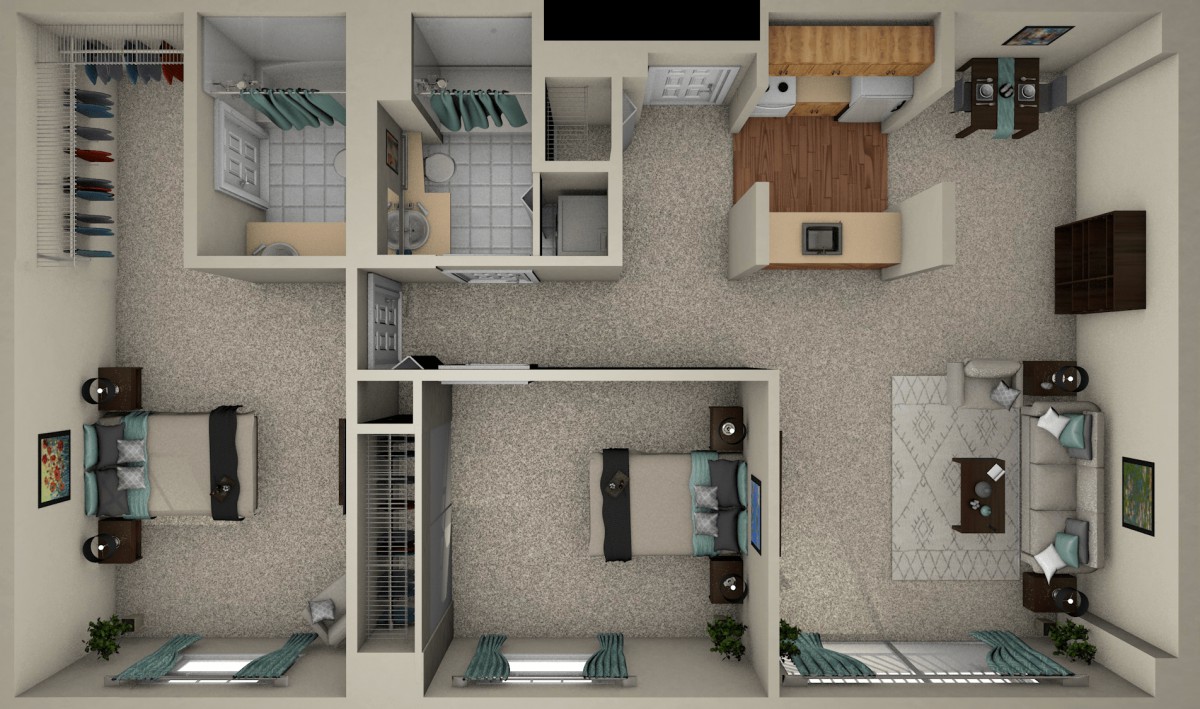 A detailed floor plan of a modern apartment featuring a bedroom, kitchen, and living area.
