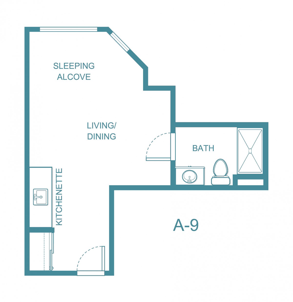 Studio apartment floor plan with a sleeping alcove, kitchen, and bath.