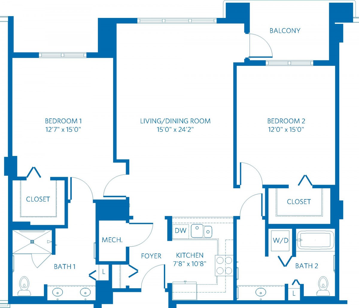 A floor plan of an apartment layout featuring two bedrooms, a living/dining area, kitchen, and bathrooms.