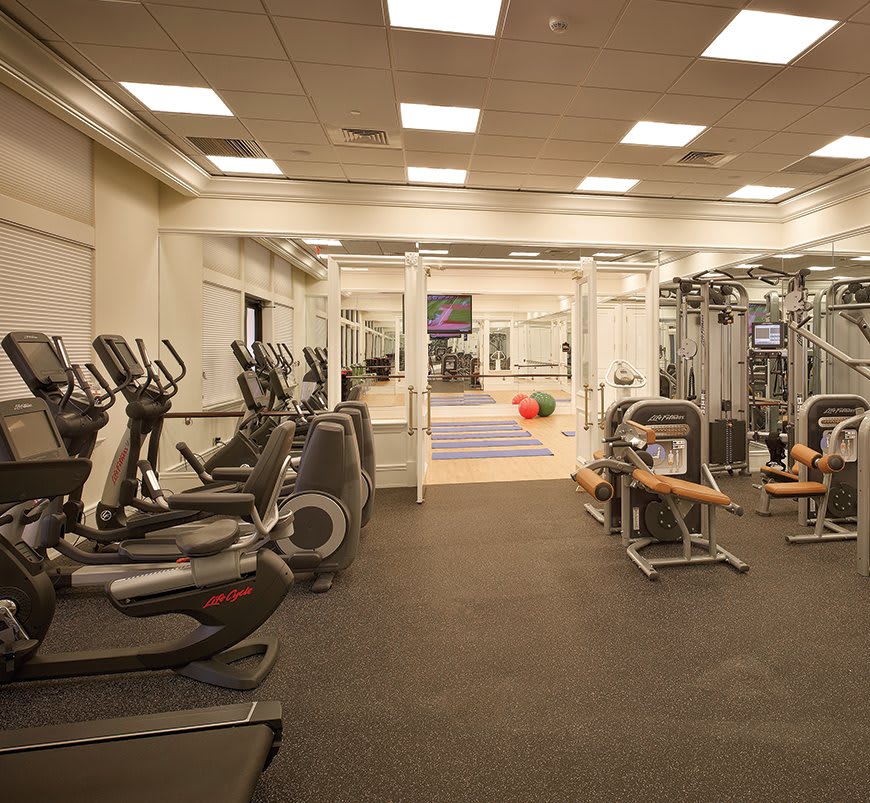 A modern gym featuring various exercise equipment including treadmills, elliptical machines, and weight machines.
