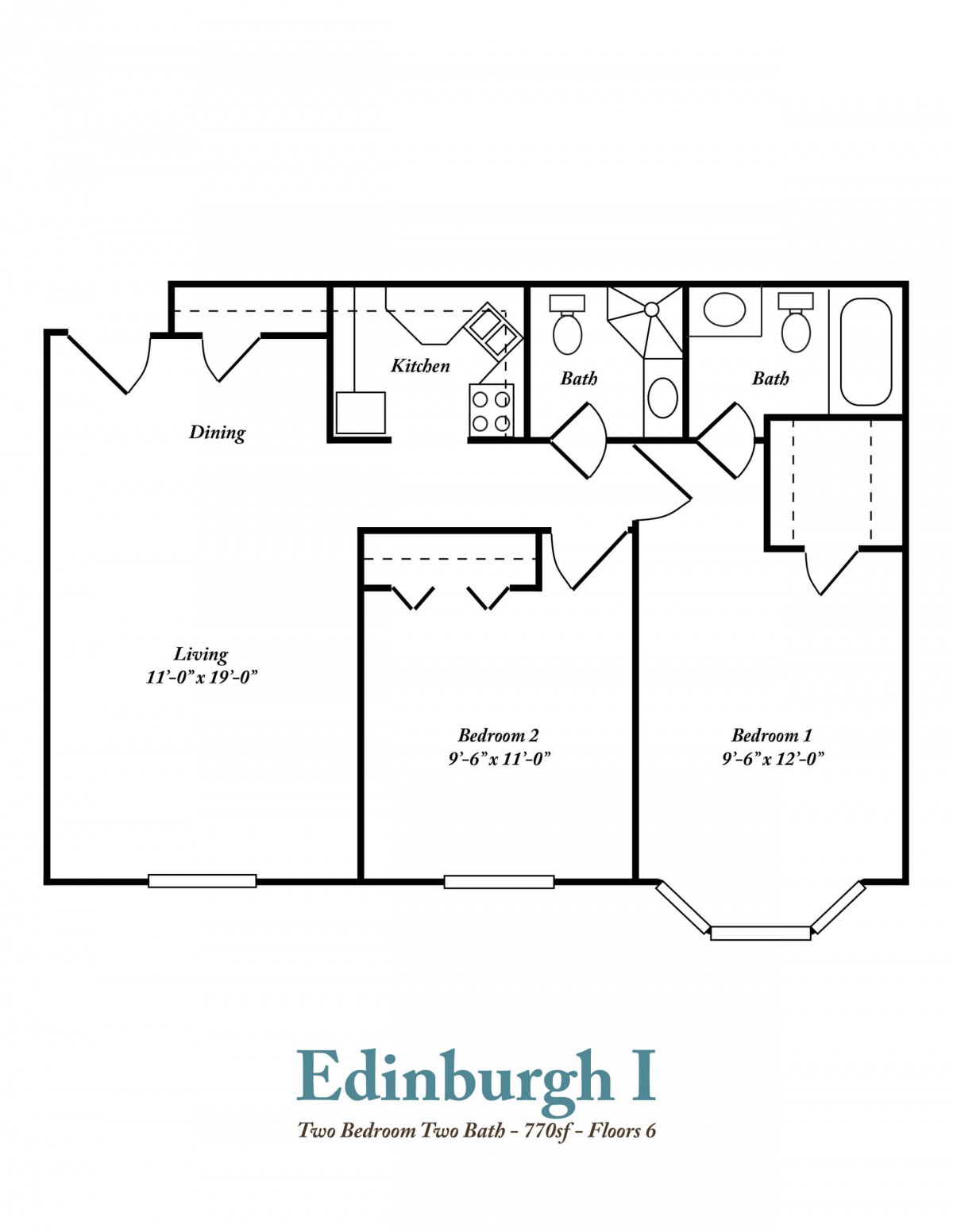 Floor plan of an apartment labeled Edinburgh I, featuring two bedrooms, a kitchen, dining area, living room, and two bathrooms.