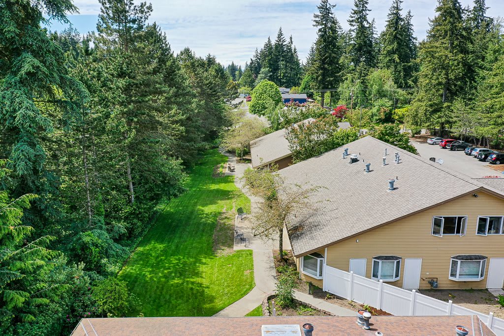 Aerial view of a suburban area with houses surrounded by lush greenery and trees.