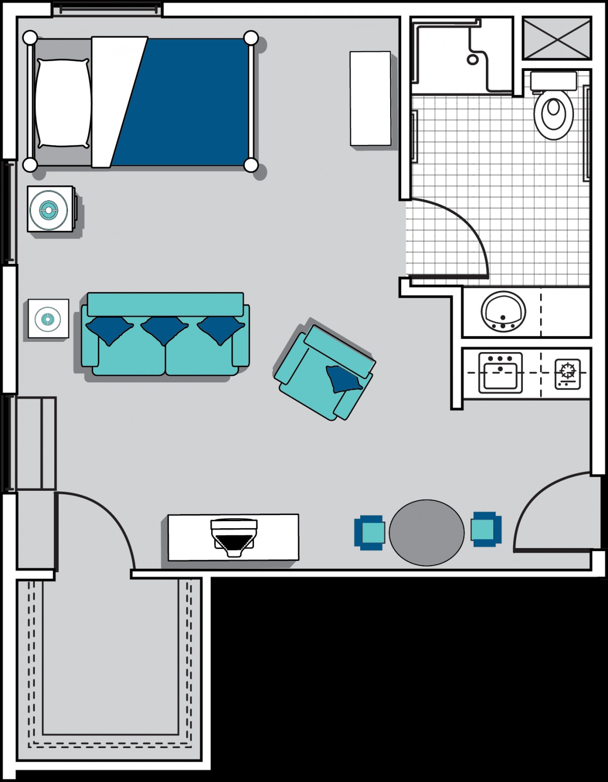 A floor plan of a studio apartment featuring a combined living and bedroom area, kitchen, and bathroom.