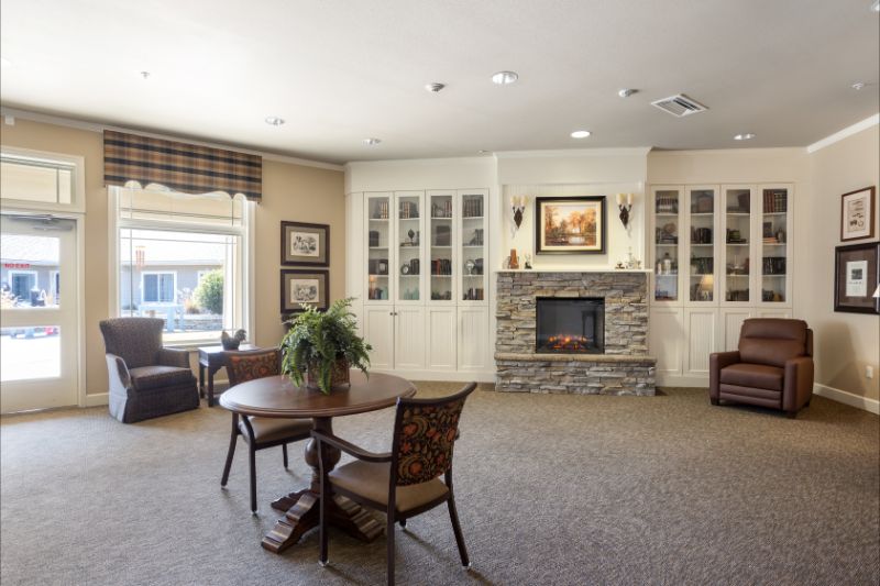 A cozy living room featuring a fireplace, elegant furniture, and natural lighting.