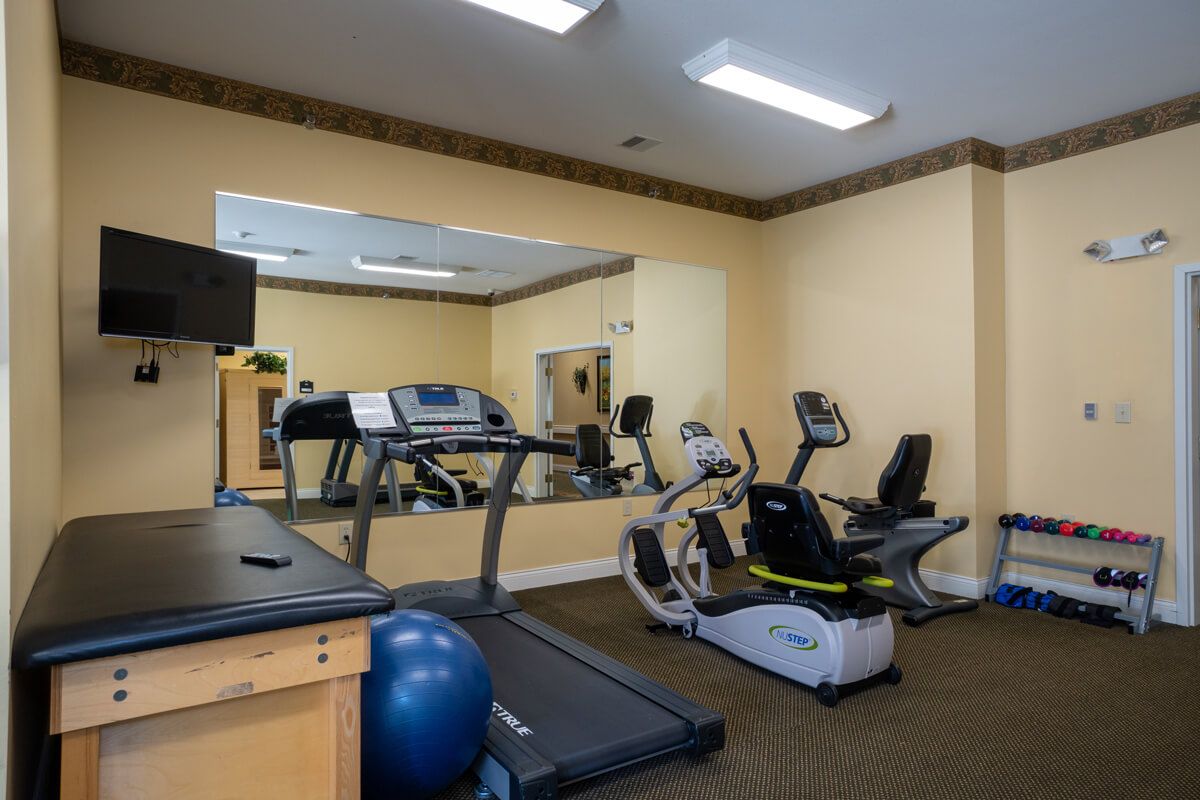 A small gym room featuring a treadmill and exercise bike with mirrors on the wall.