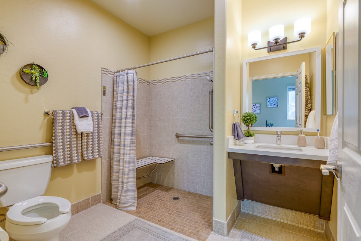 A modern, accessible bathroom featuring a walk-in shower with grab bars and a built-in bench.