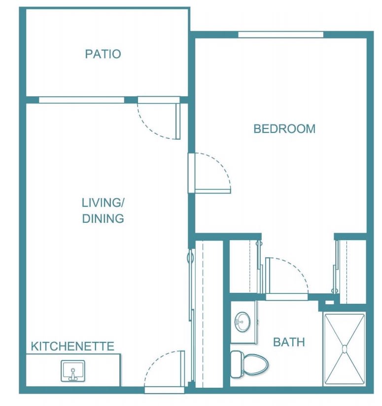 A one-bedroom apartment floor plan with a living/dining area, kitchenette, bathroom, bedroom, and patio.