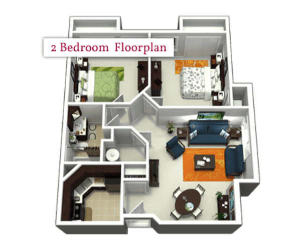 3D view of a 2-bedroom apartment floor plan.