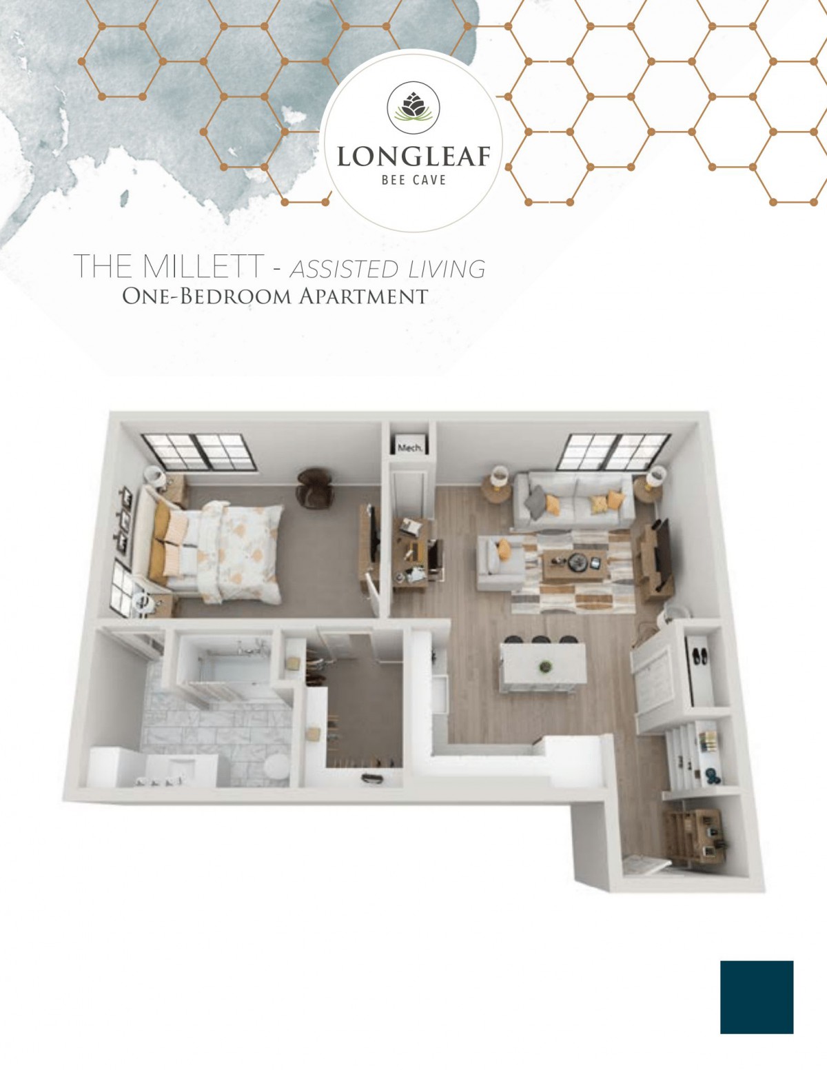 3D floor plan of The Mullet, a one-bedroom apartment at Longleaf.