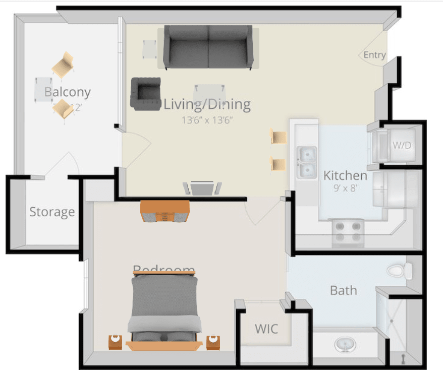 A one-bedroom apartment floor plan featuring a living/dining area, kitchen, bathroom, bedroom with walk-in closet, and balcony.