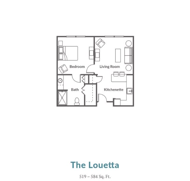 Floor plan of The Louetta apartment layout, featuring a bedroom and living area.