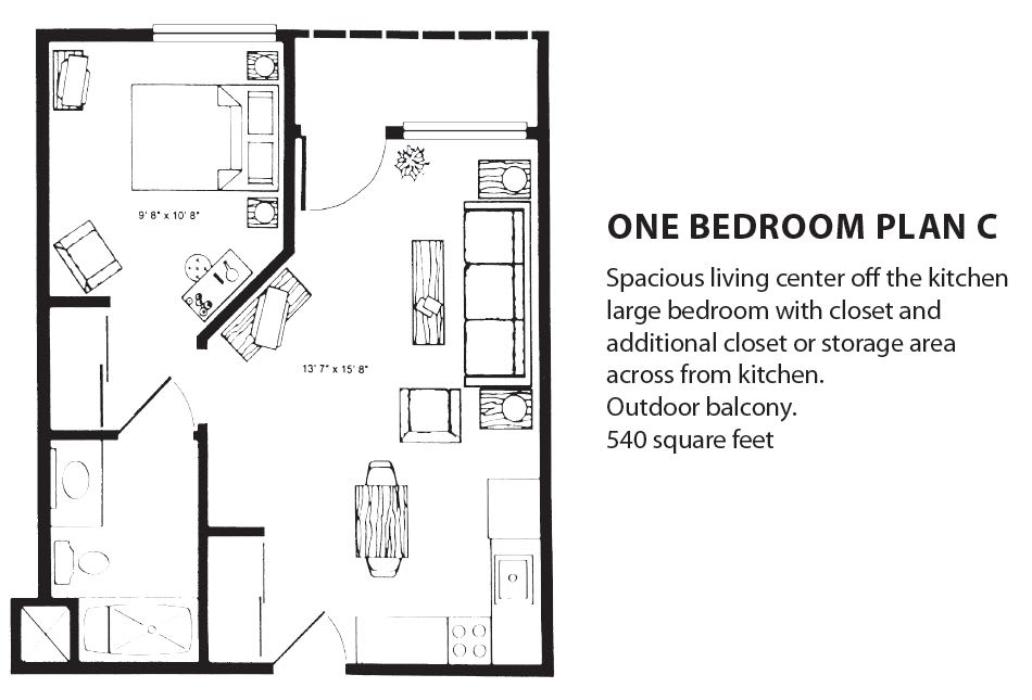 One bedroom apartment floor plan with spacious living area and outdoor balcony.