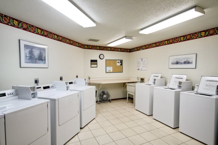 A clean and well-lit laundry room with multiple washing machines and dryers.