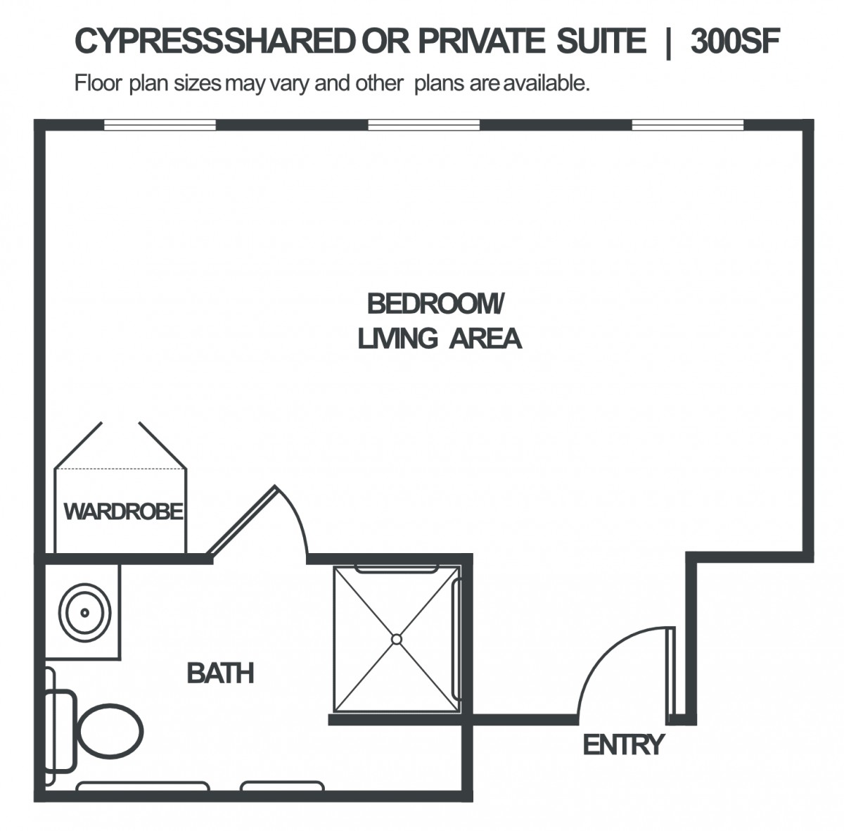 A floor plan of a cypress shared or private suite measuring 309 square feet, featuring a bedroom/living area, bath, and entry.