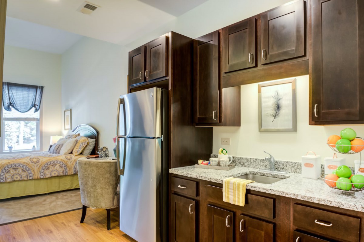 Modern kitchen with stainless steel appliances and dark wood cabinets in an open-layout apartment.